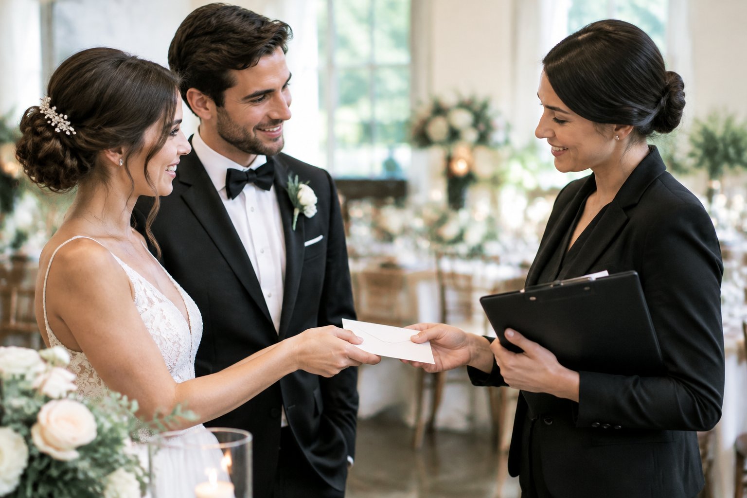 A newly married couple gives an envelope to their wedding coordinator at the reception venue.