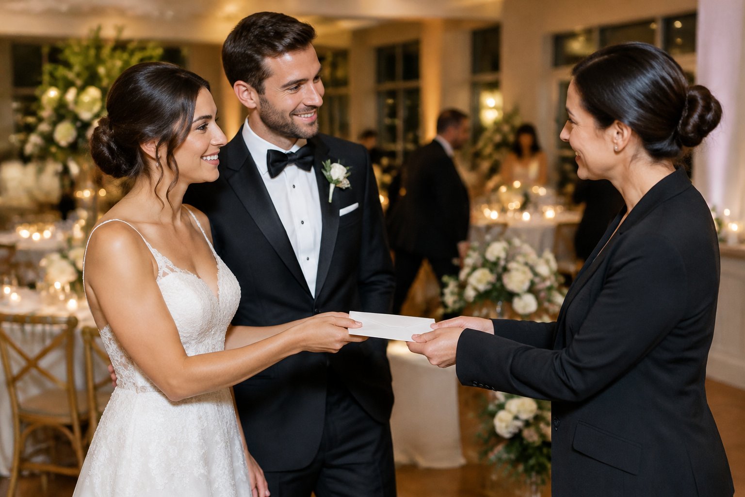 A newlywed couple gives an envelope to their wedding coordinator at a reception.