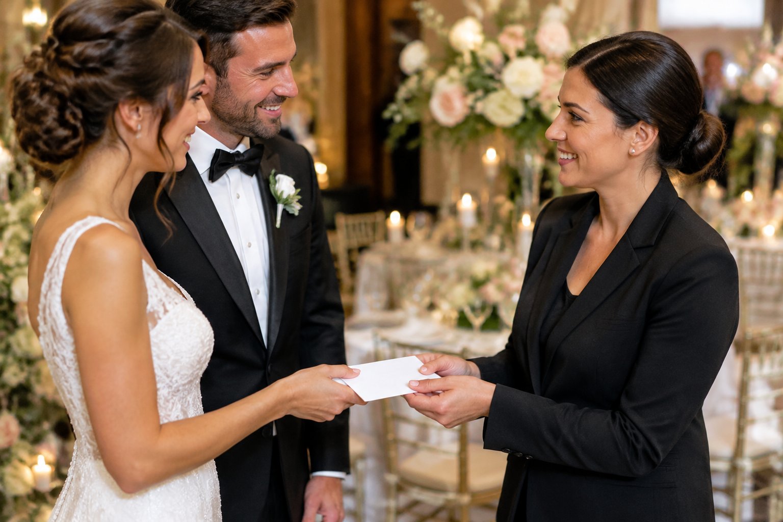 A newly married couple thanks their wedding coordinator and hands them an envelope.