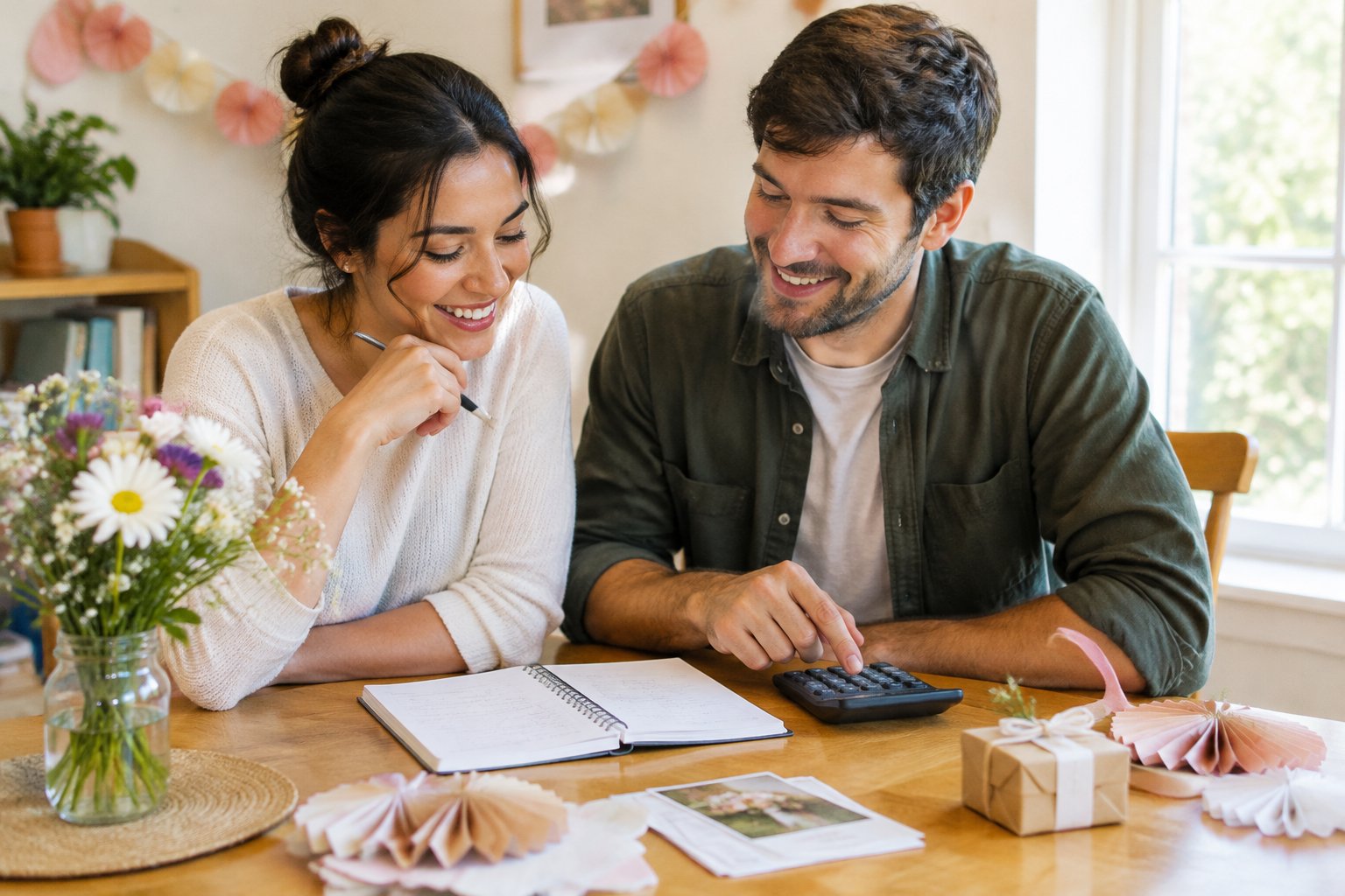 A couple plans their wedding budget together at a table.
