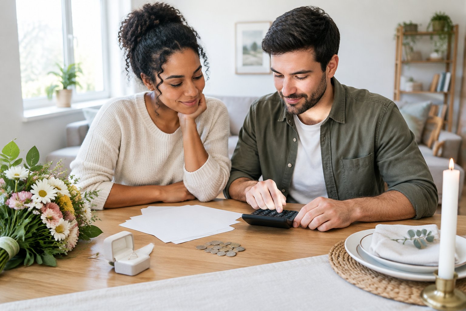 An engaged couple reviews wedding expenses together at a table.