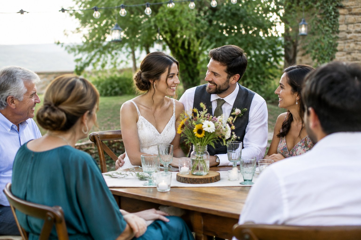 A newly married couple celebrates with a small group of family and friends at an outdoor reception.
