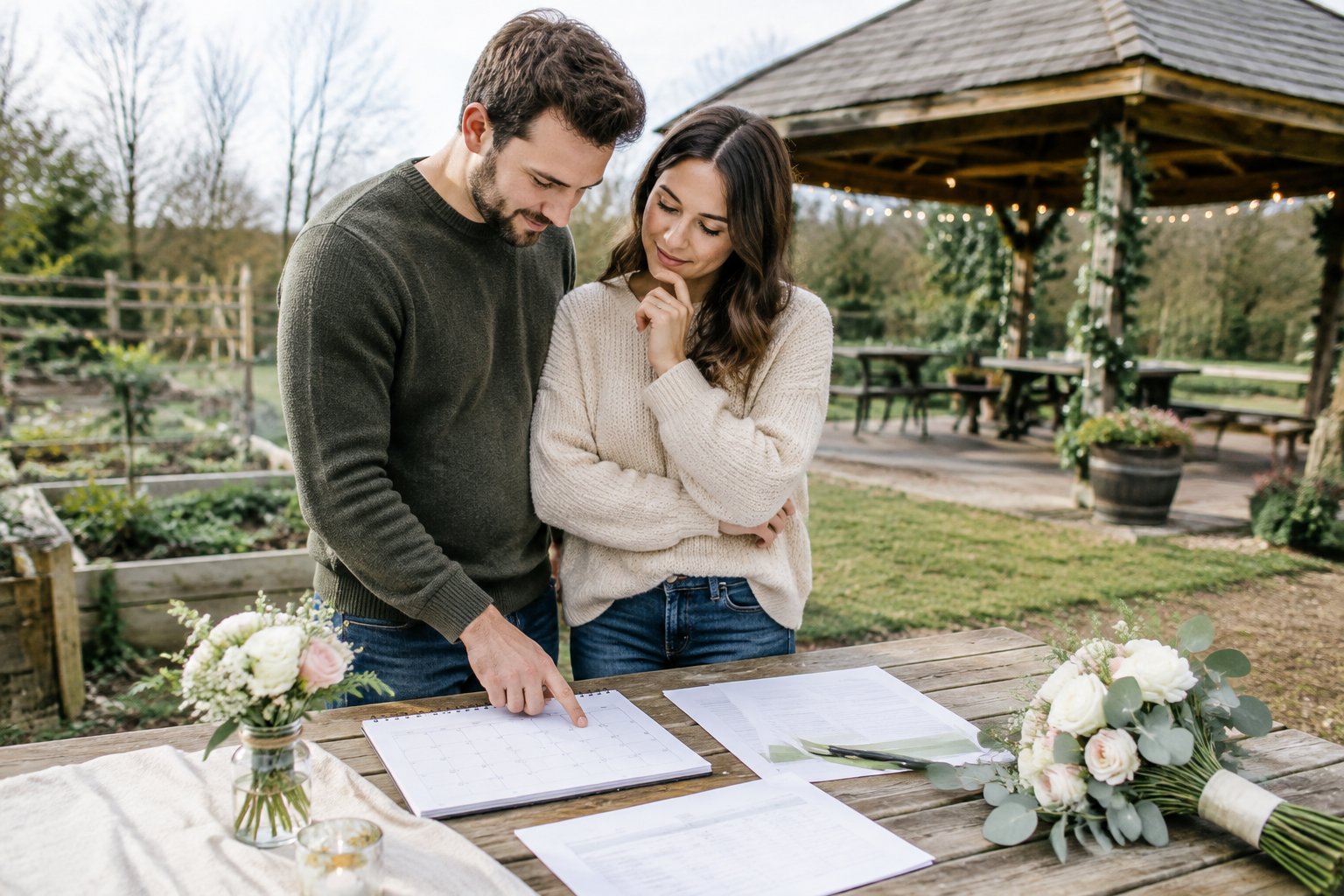 A couple considers an affordable garden venue and wedding date while reviewing their plans.