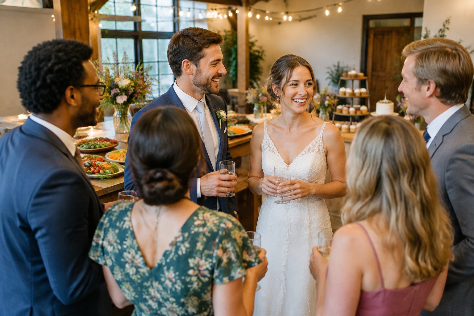 A newlywed couple mingles with happy guests at a warmly decorated reception.