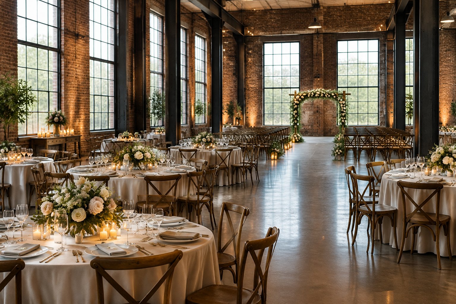 An industrial wedding venue arranged with tables, flowers, and ceremony chairs.