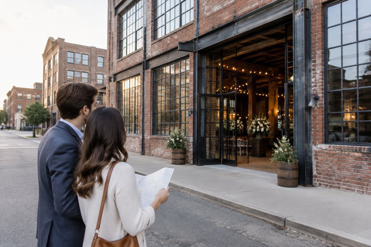 A couple looks at a map outside a converted warehouse wedding venue.