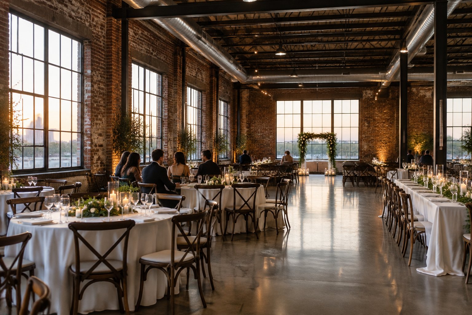 A wedding reception set in a spacious brick warehouse.