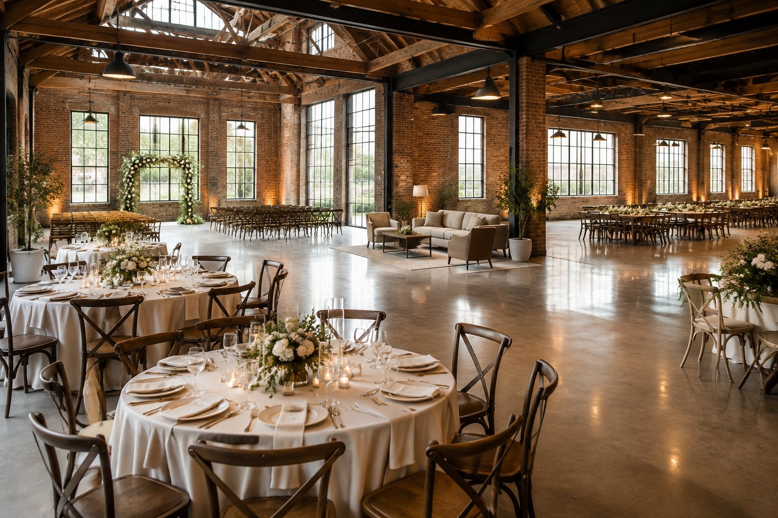 An industrial wedding venue with reception tables, a ceremony area, and a lounge.