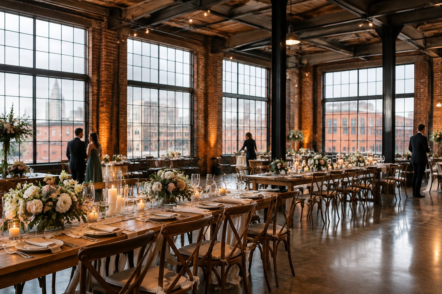 A wedding reception set inside a brick industrial venue with tall windows.