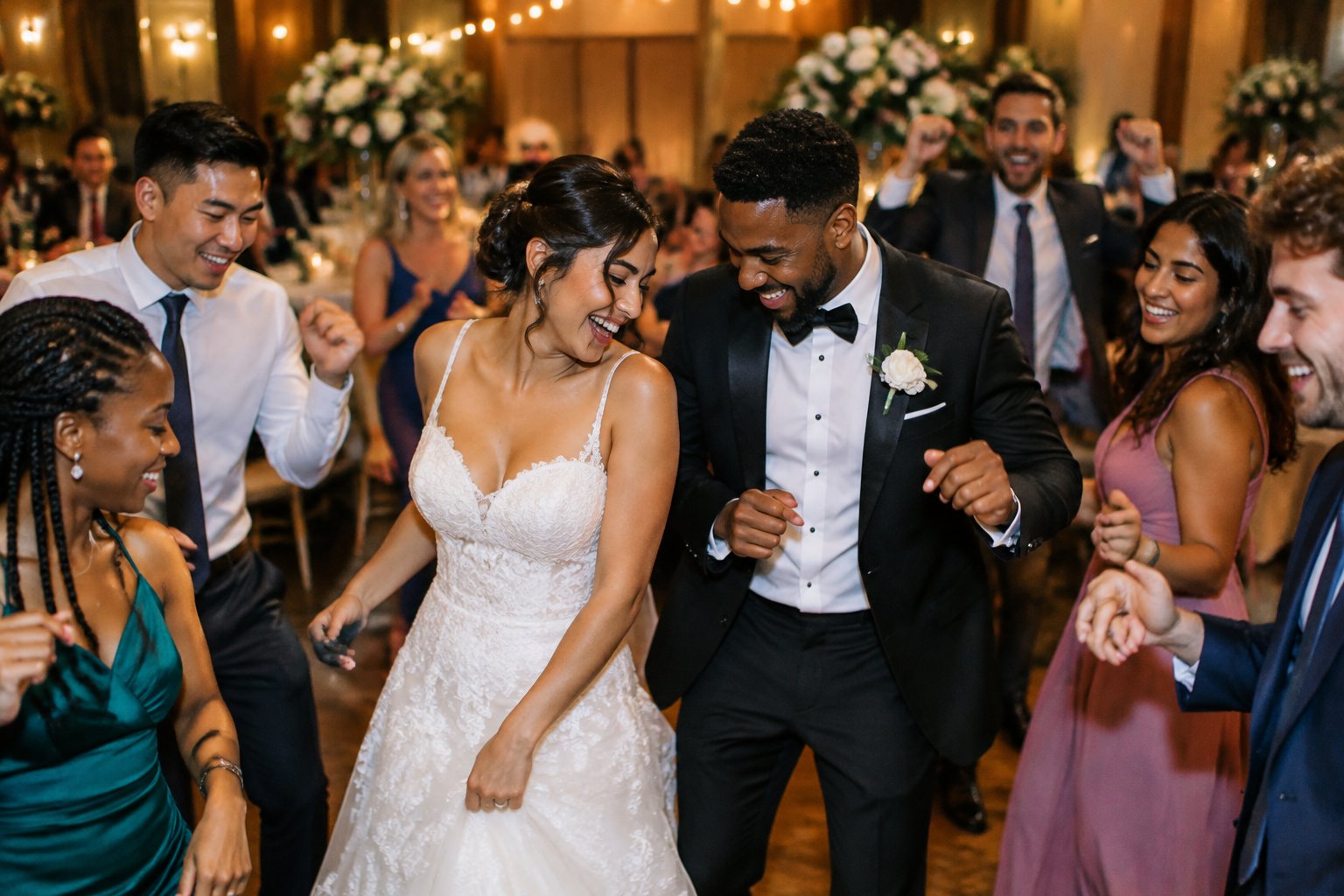 A newly married couple dances joyfully with their guests at a wedding reception.