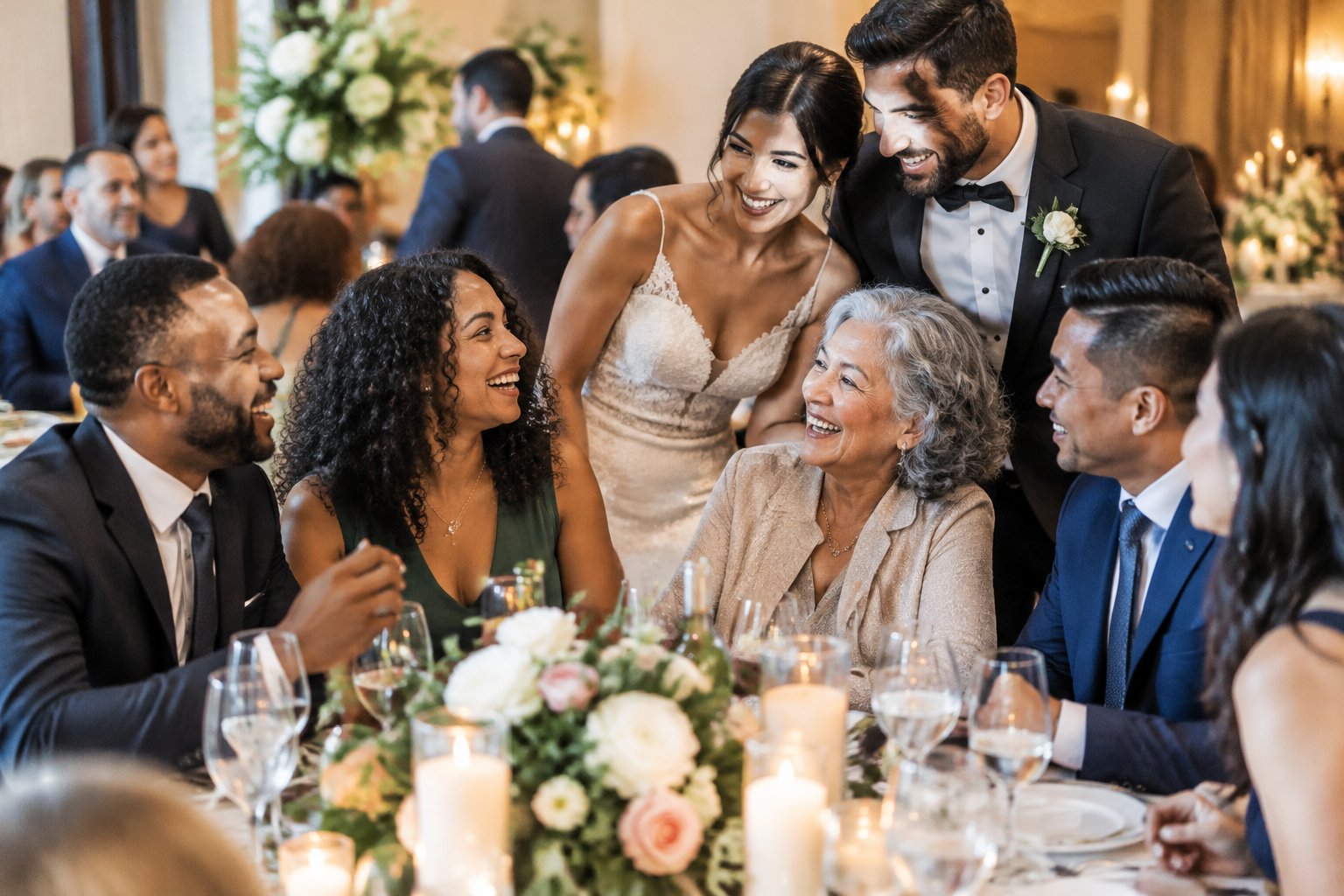 Wedding guests laugh and share conversation at a reception as the newlyweds mingle nearby.