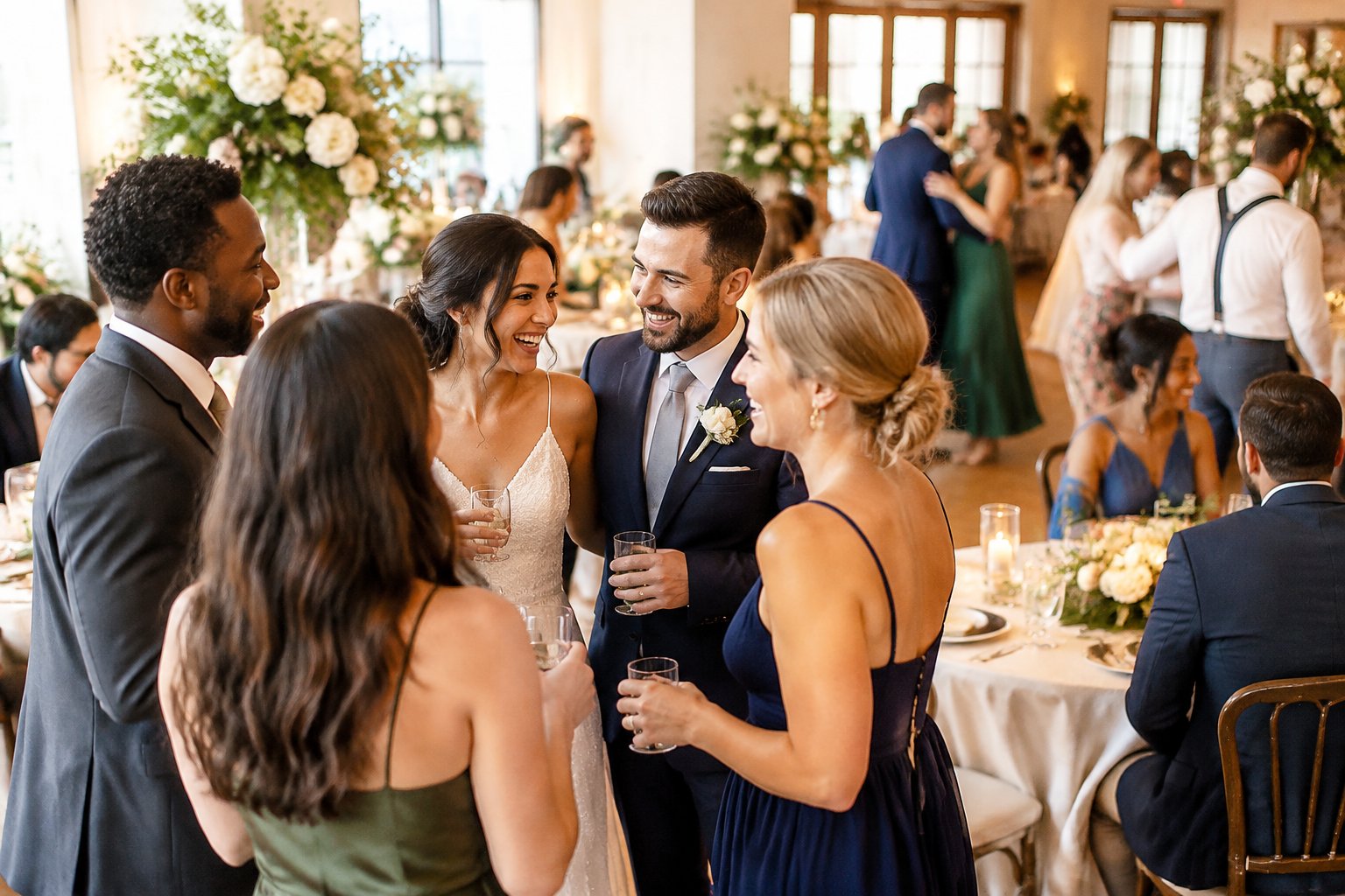 Wedding guests mingle and laugh as a couple celebrates at their reception.