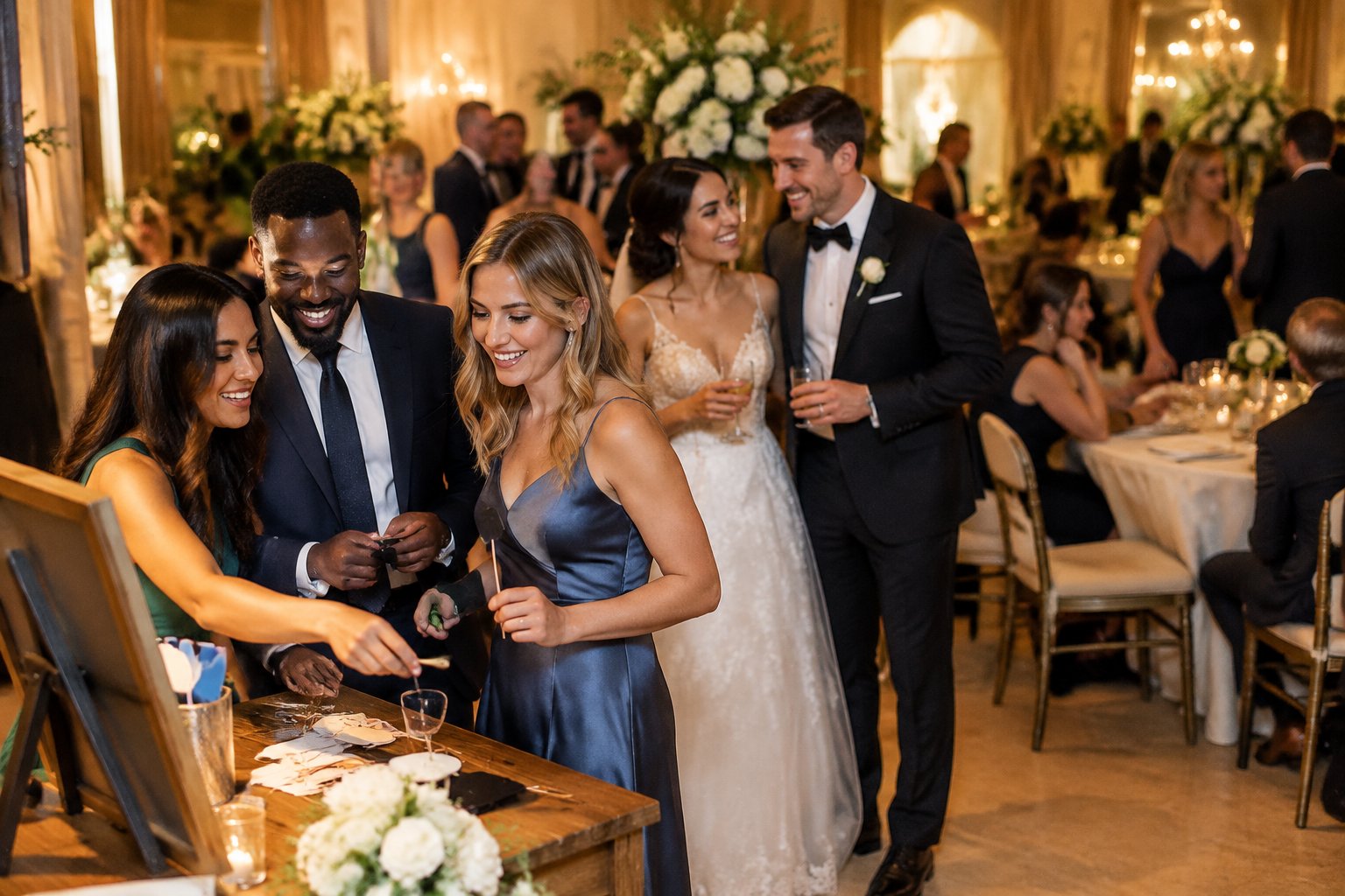 Wedding guests choose to join an interactive activity while the newlyweds celebrate with friends.