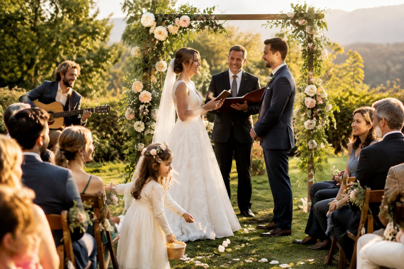 A couple exchanges vows as smiling guests watch at an outdoor wedding.