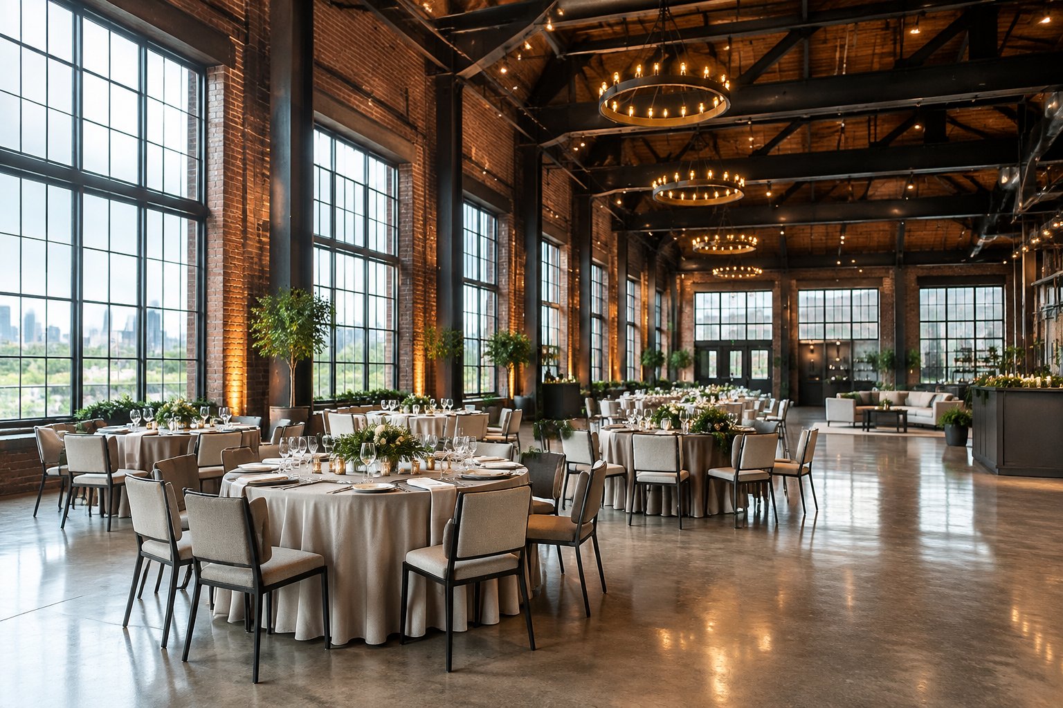 A restored industrial warehouse set up for an event.