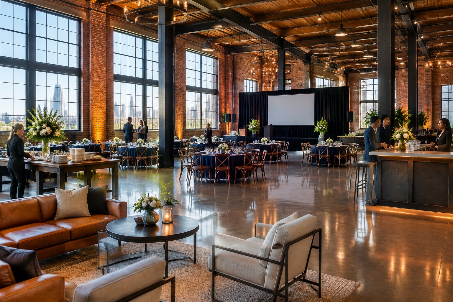 Guests gather in a restored industrial event hall set up for a corporate event.