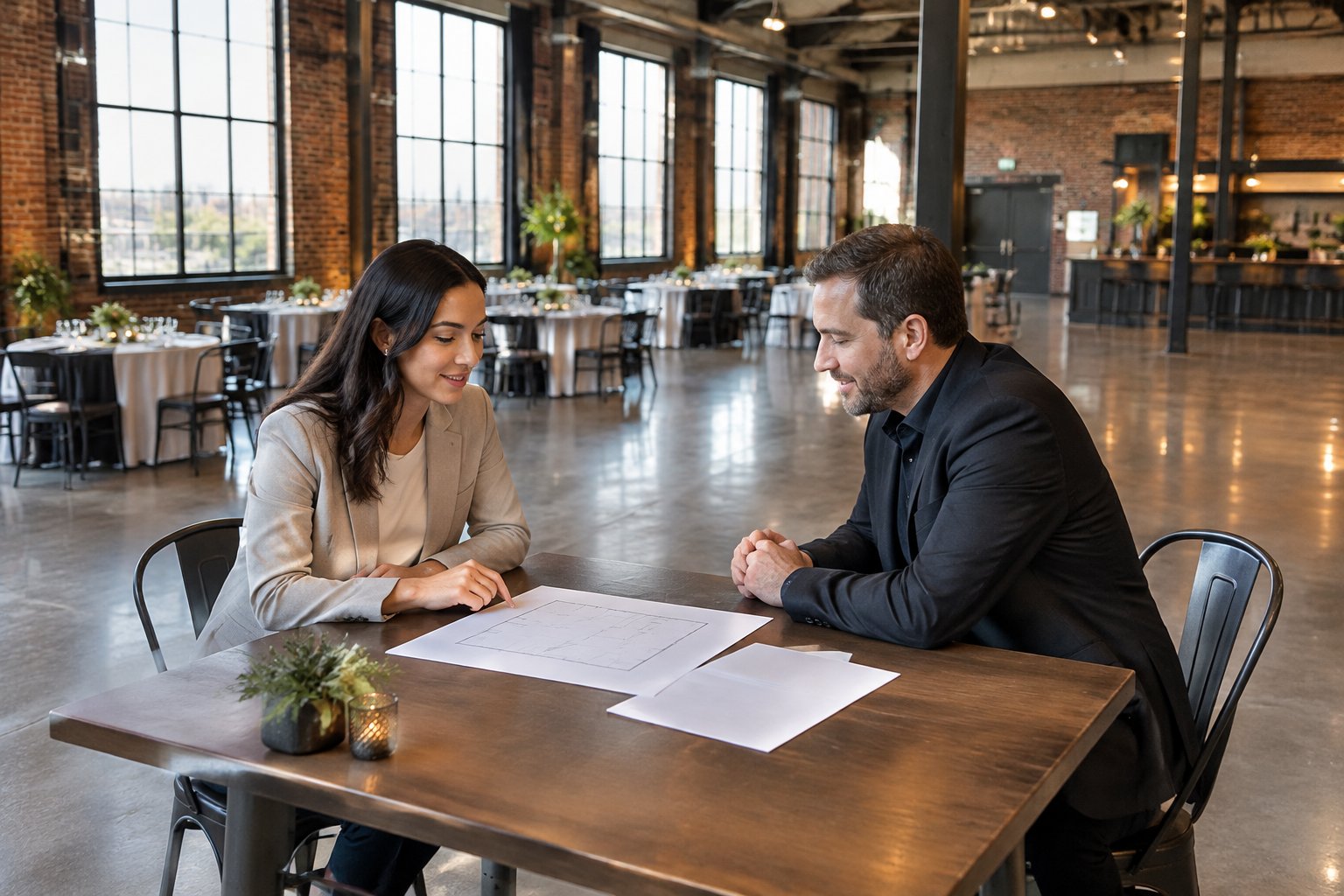 A venue manager and event organizer review papers at a table in a spacious industrial event hall.
