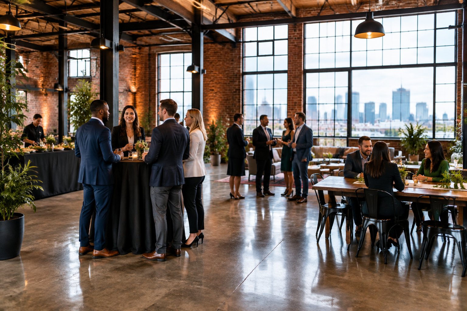 Guests mingle at a reception in a spacious industrial venue.