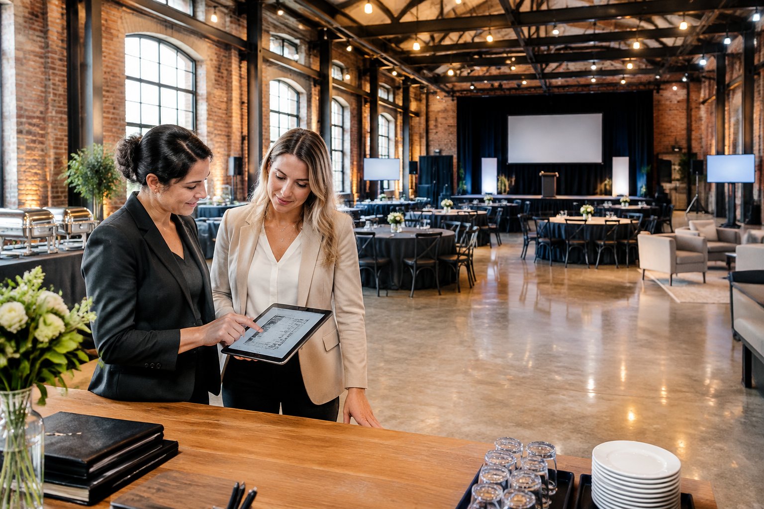 A venue coordinator and event planner review a floor plan in a prepared industrial event hall.