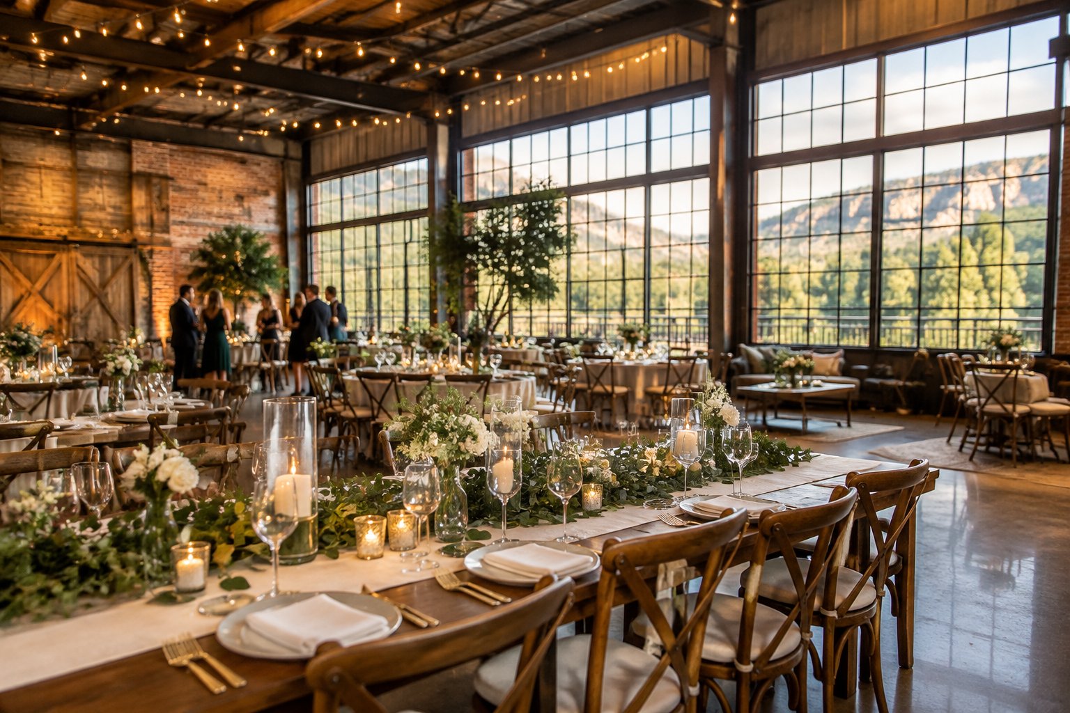 A decorated wedding reception table inside a spacious industrial venue.