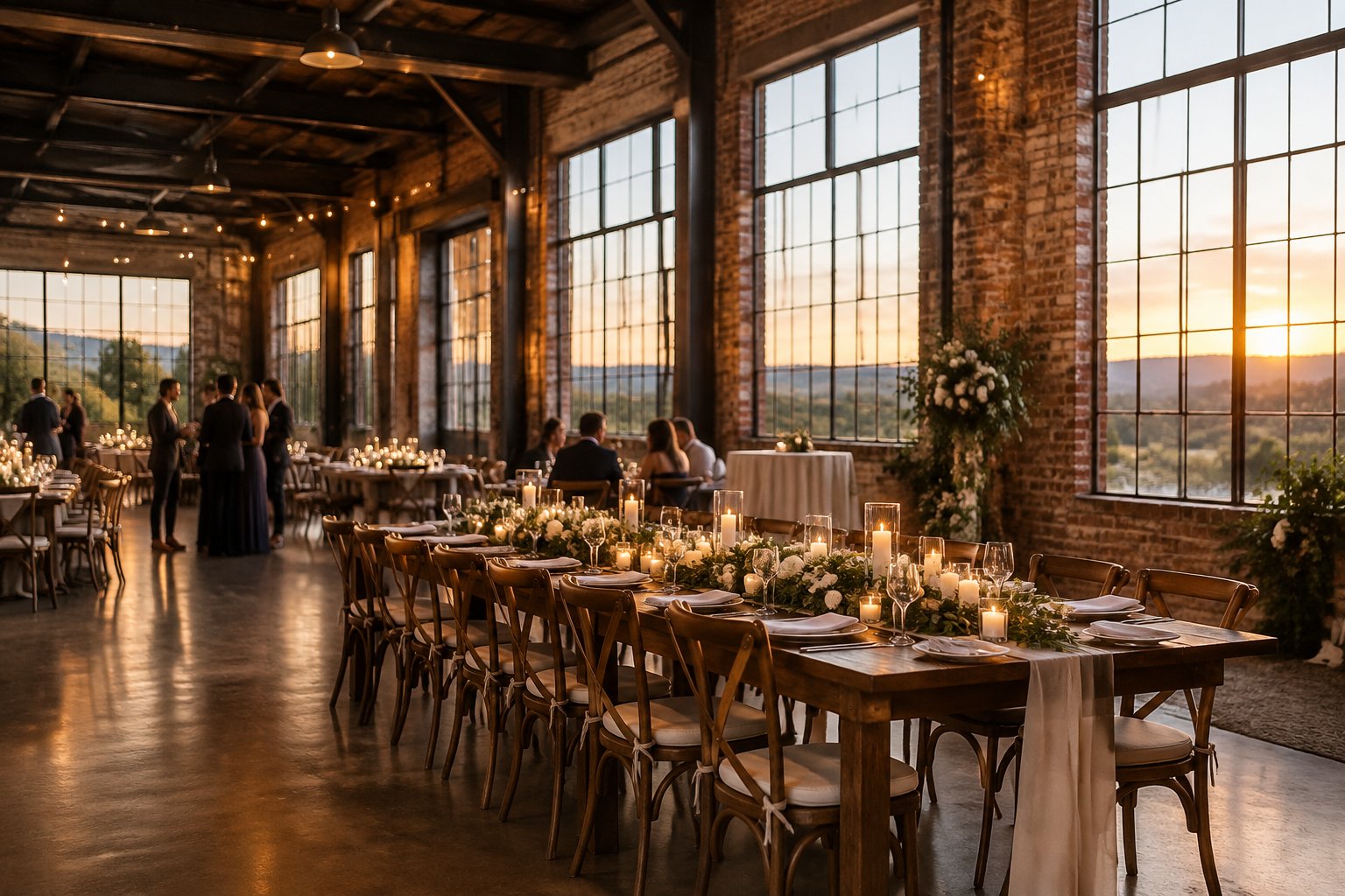 A wedding reception in a brick-walled venue with tables, flowers, and guests.