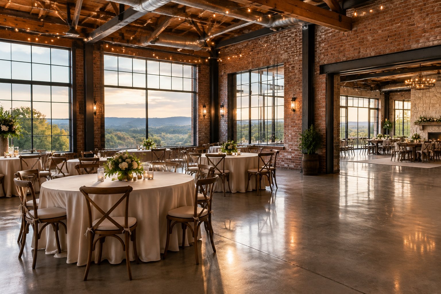 An industrial-style wedding venue with exposed beams, decorated tables, and a view of the Hill Country.