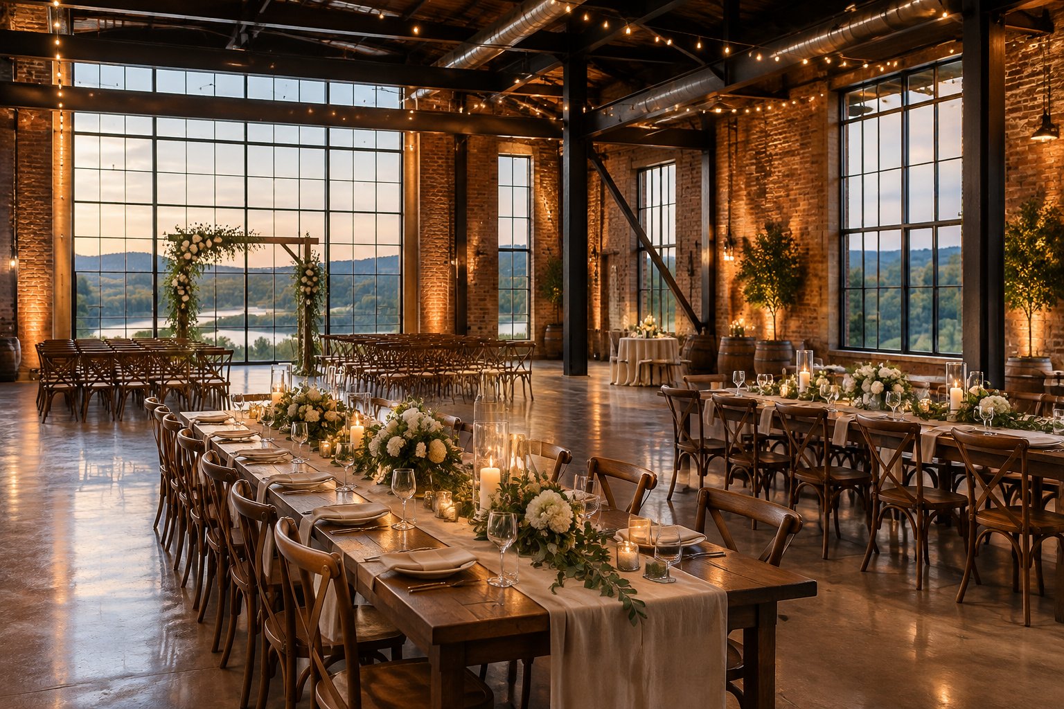 A wedding reception set up inside a brick venue with long tables and flowers.