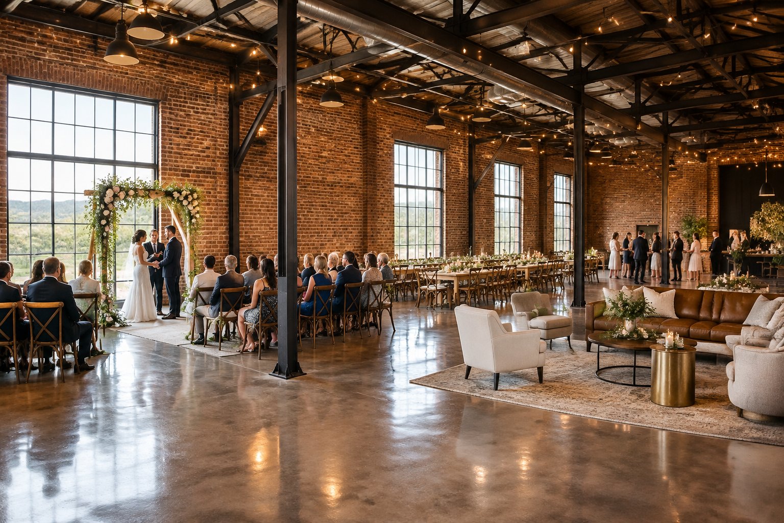 A wedding ceremony and reception arranged inside a spacious industrial venue.