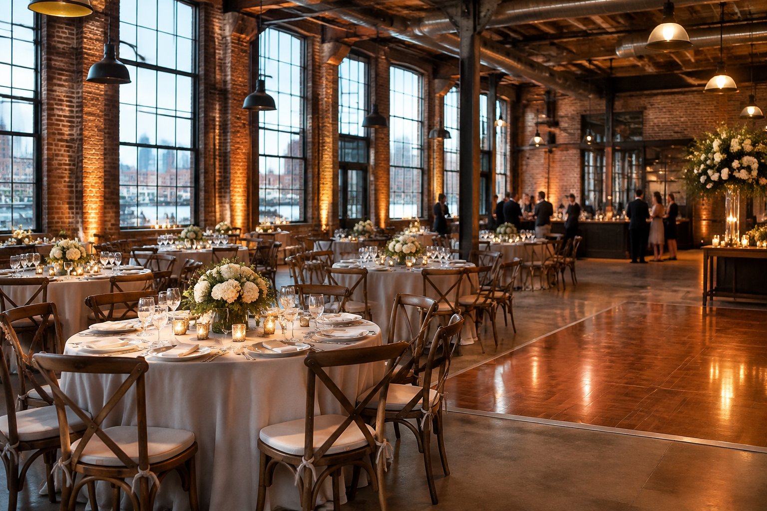 A wedding reception arranged inside a brick industrial venue.