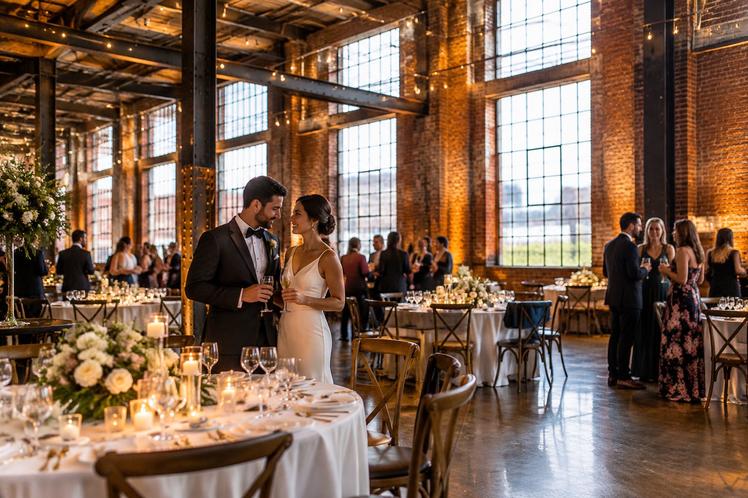 A couple celebrates at a wedding reception in a brick warehouse with exposed steel beams.