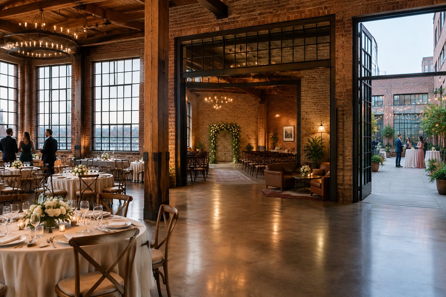 Connected industrial wedding venue spaces with a reception hall, ceremony area, and courtyard.