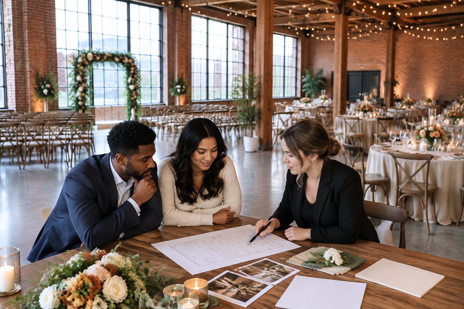 A couple and wedding planner review arrangements in a brick industrial venue set up for a ceremony and reception.