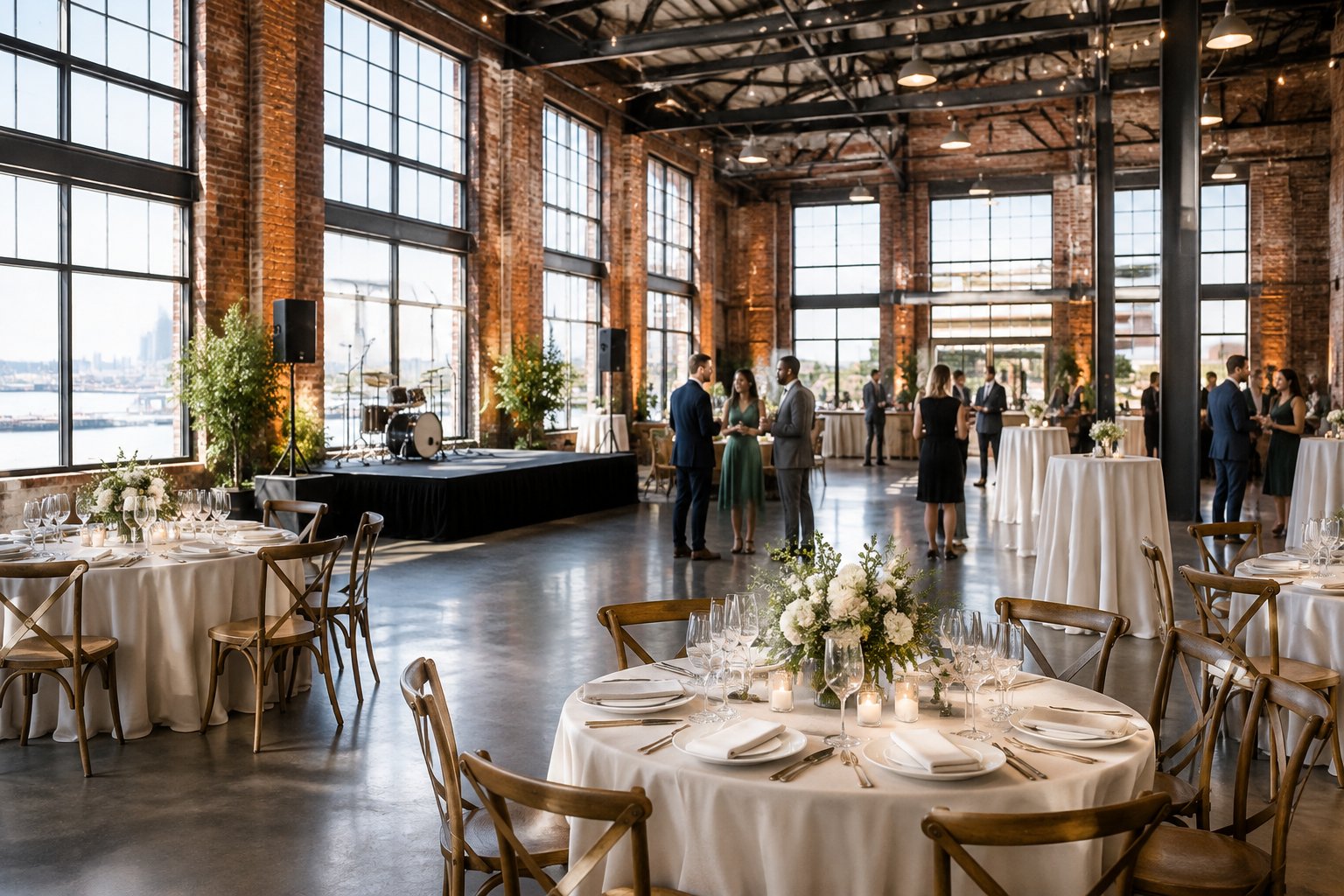 Guests mingle in a brick industrial venue arranged for a wedding reception.