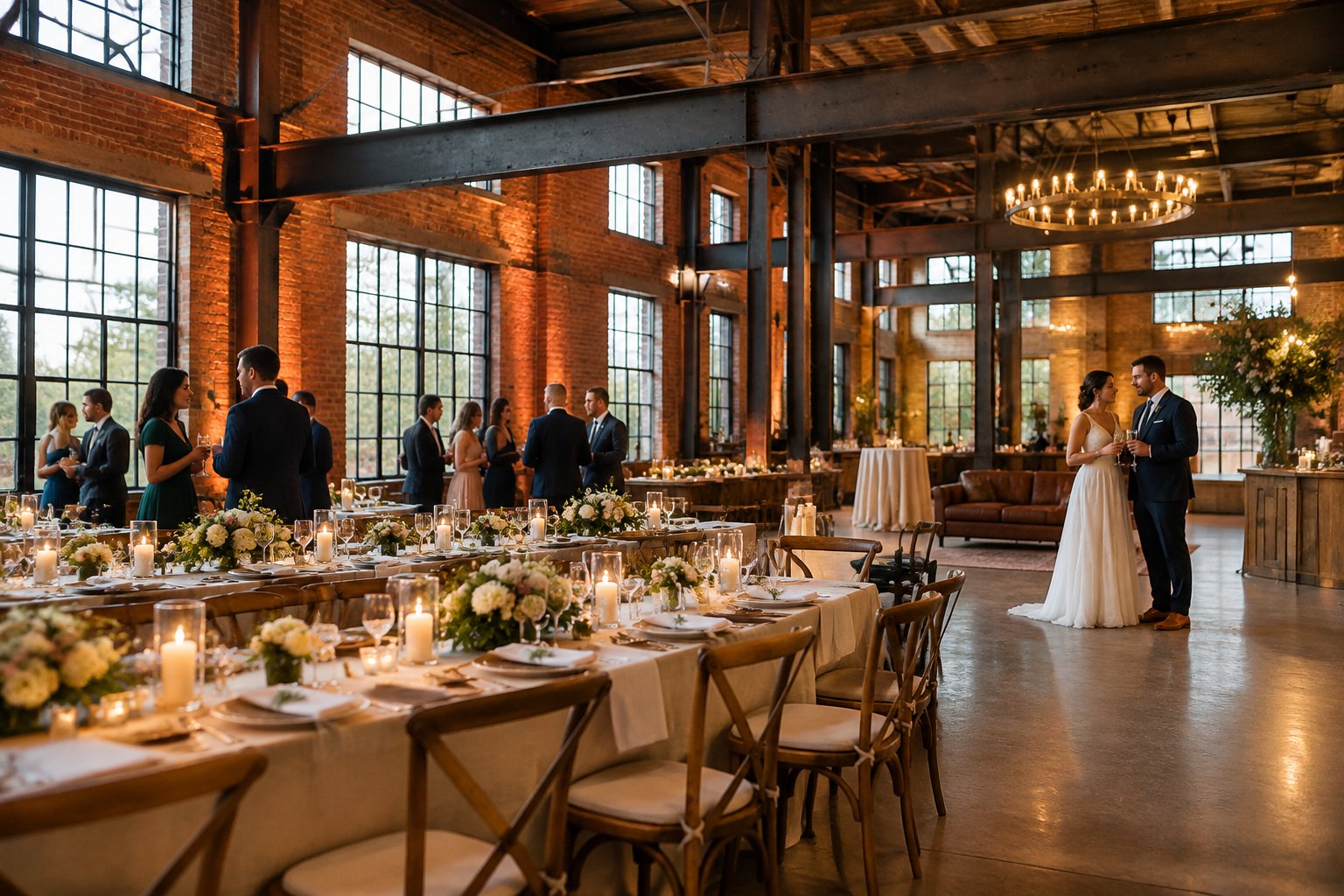 Guests gather for a wedding reception in a brick industrial venue.