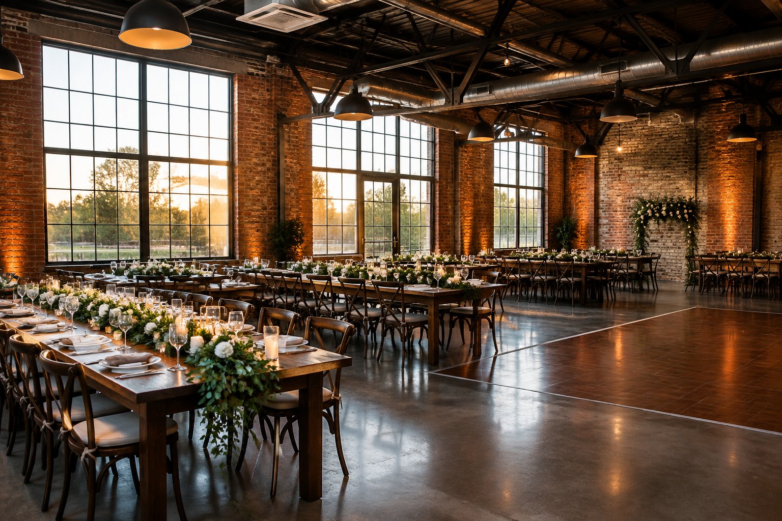A wedding reception set inside a spacious warehouse with brick walls, metal beams, and long decorated tables.