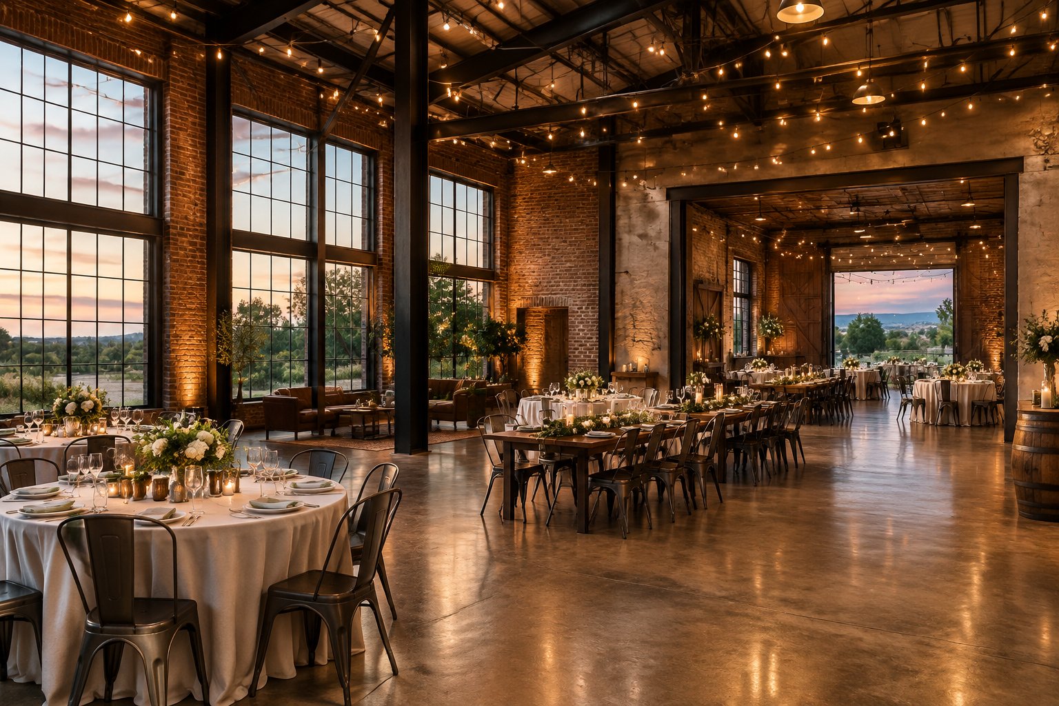 A wedding reception set inside a spacious warehouse with exposed brick, steel beams, and decorated tables.
