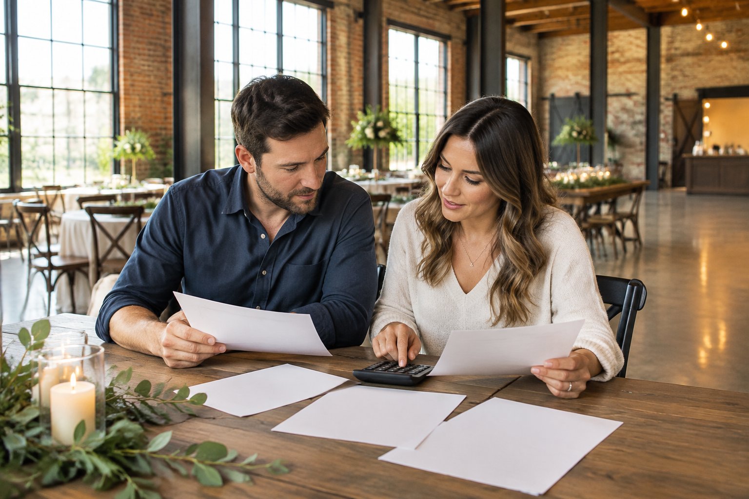 A couple reviews venue proposals at a table in an industrial wedding venue.