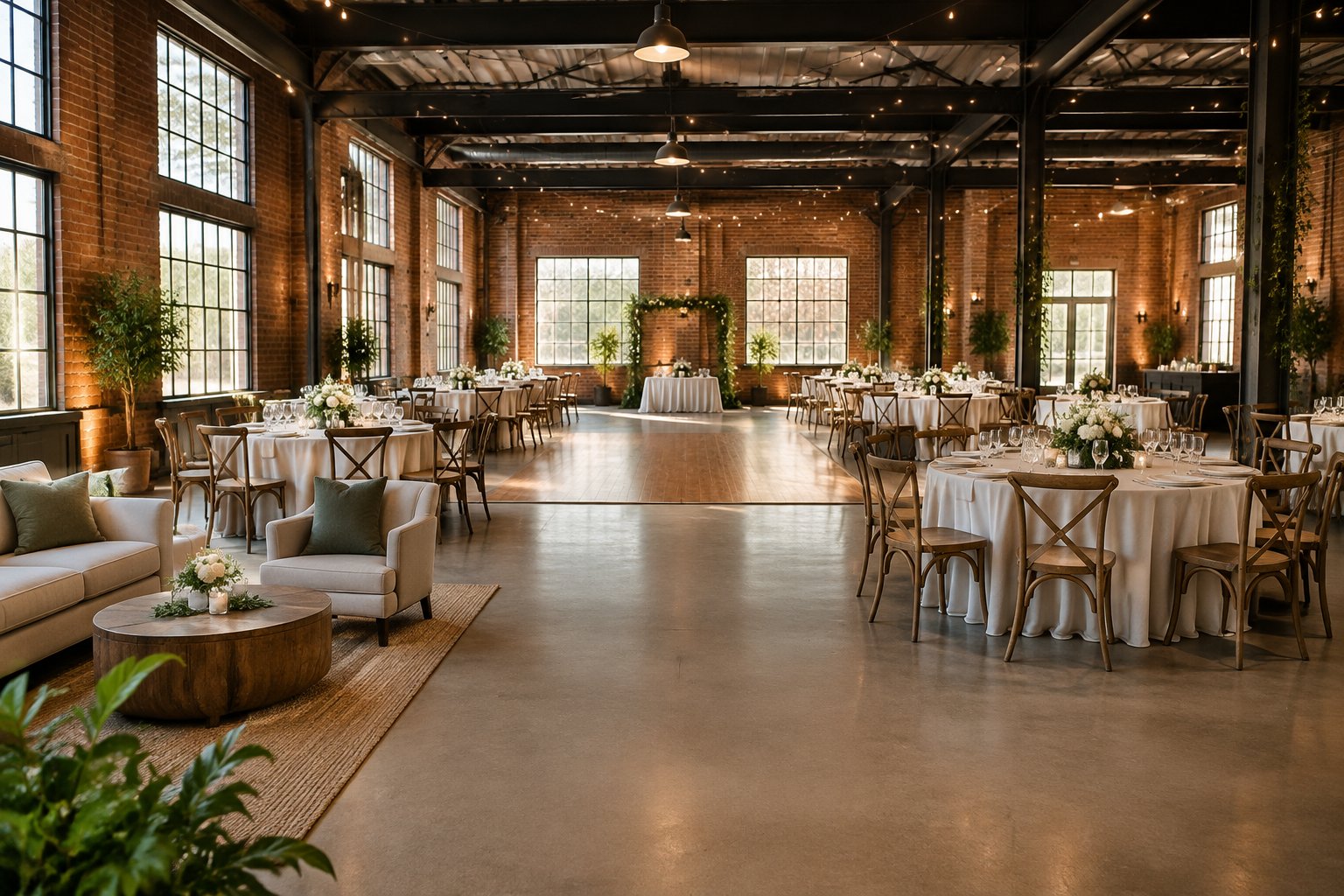 A warehouse wedding reception space with dining tables, an open aisle, and a dance floor.