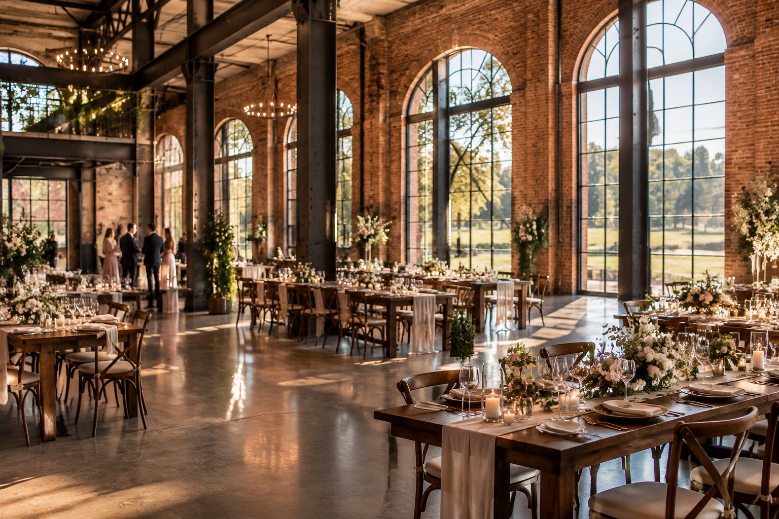 A wedding reception is arranged inside a brick industrial hall beside landscaped estate grounds.