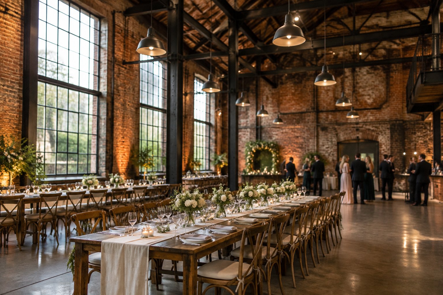 A wedding reception set inside a spacious brick-and-steel venue.