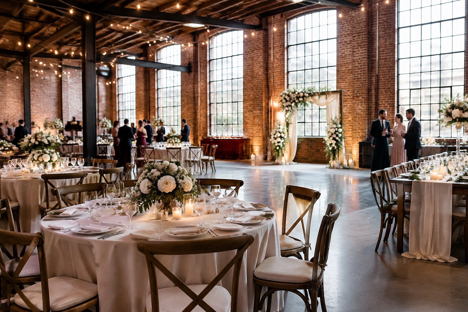 Guests gather at a wedding reception in a converted industrial venue.
