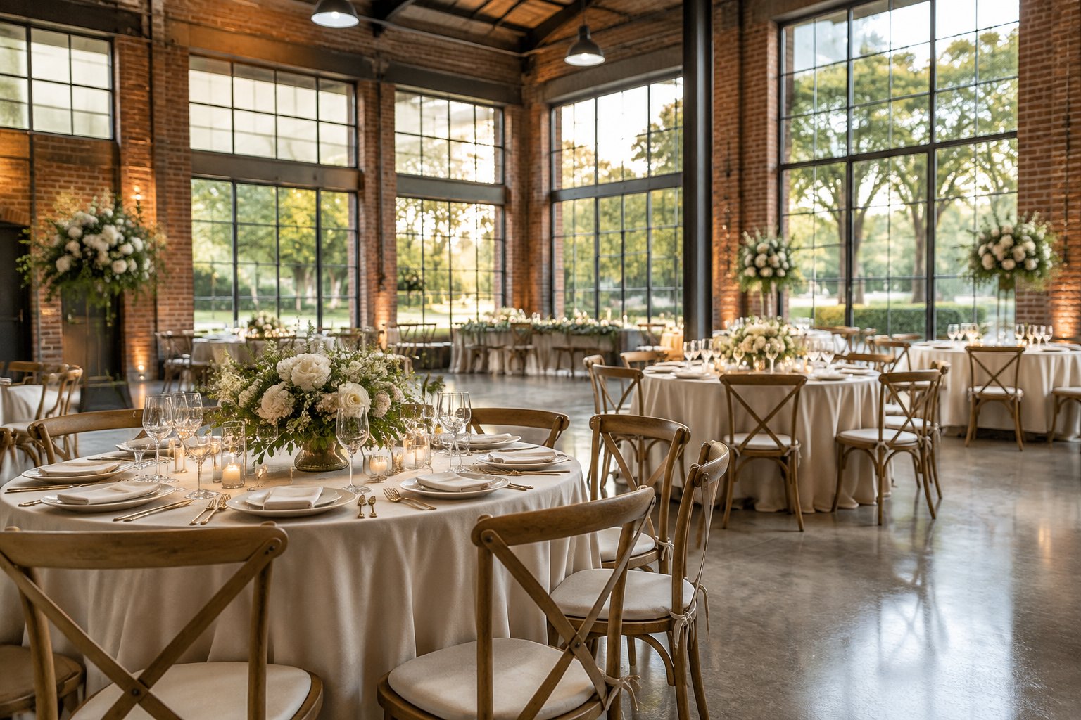 An elegant wedding reception set inside a brick industrial venue with large windows.