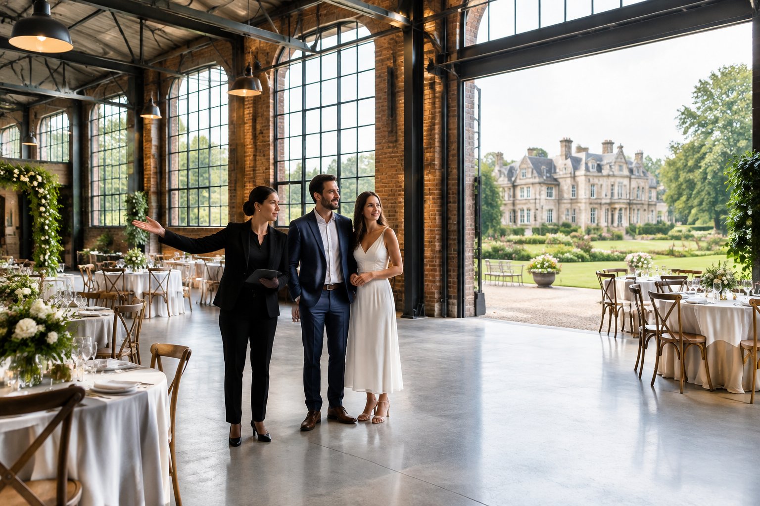 A couple and venue coordinator explore a brick industrial wedding hall beside landscaped estate grounds.