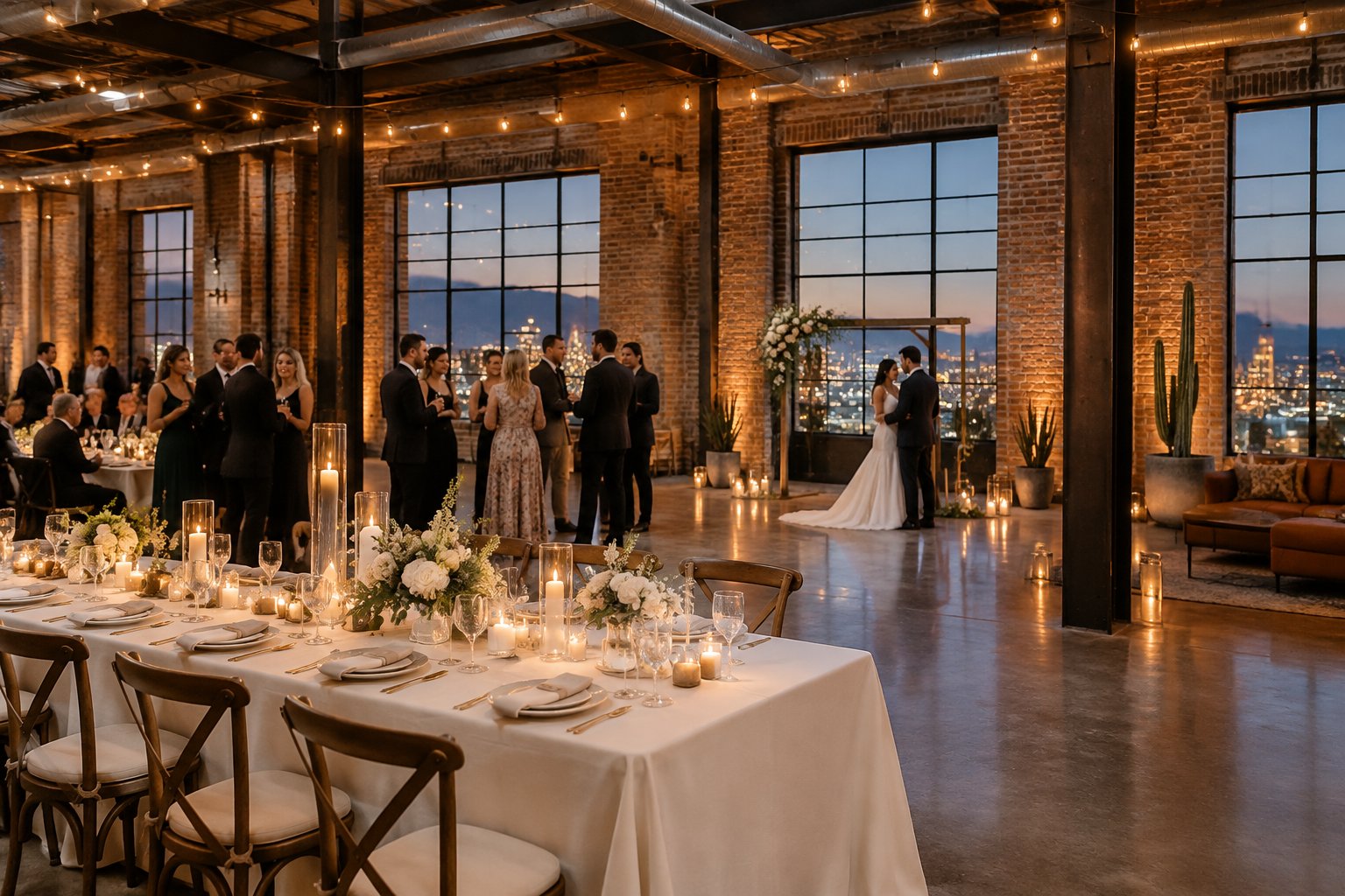 A couple celebrates at a wedding reception in a spacious industrial venue.