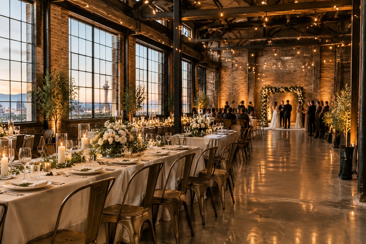 A wedding reception set among exposed beams and brick walls in a spacious warehouse venue.