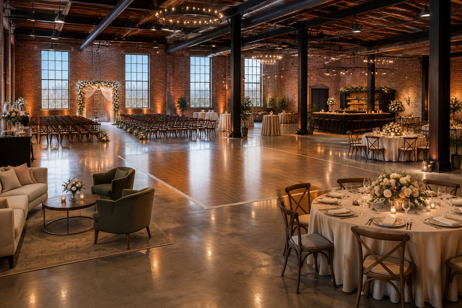 A warehouse wedding venue arranged with ceremony chairs, a floral arch, reception tables, and a bar.