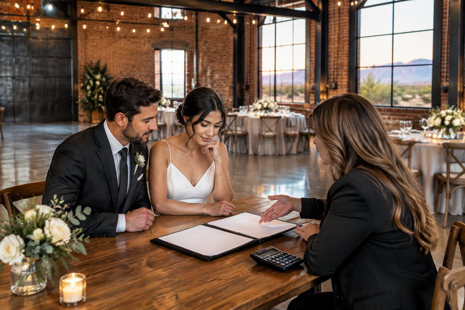 A couple reviews booking paperwork with a venue coordinator in an industrial wedding space.