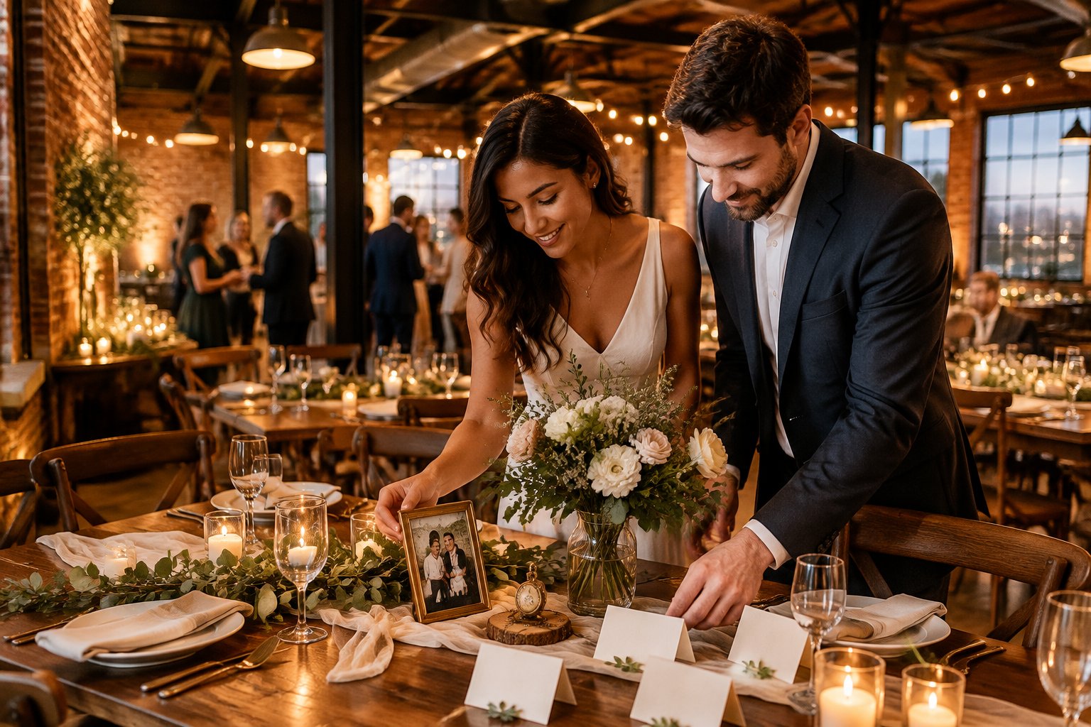 A couple arranges personal decorations on a reception table in a warehouse wedding venue.