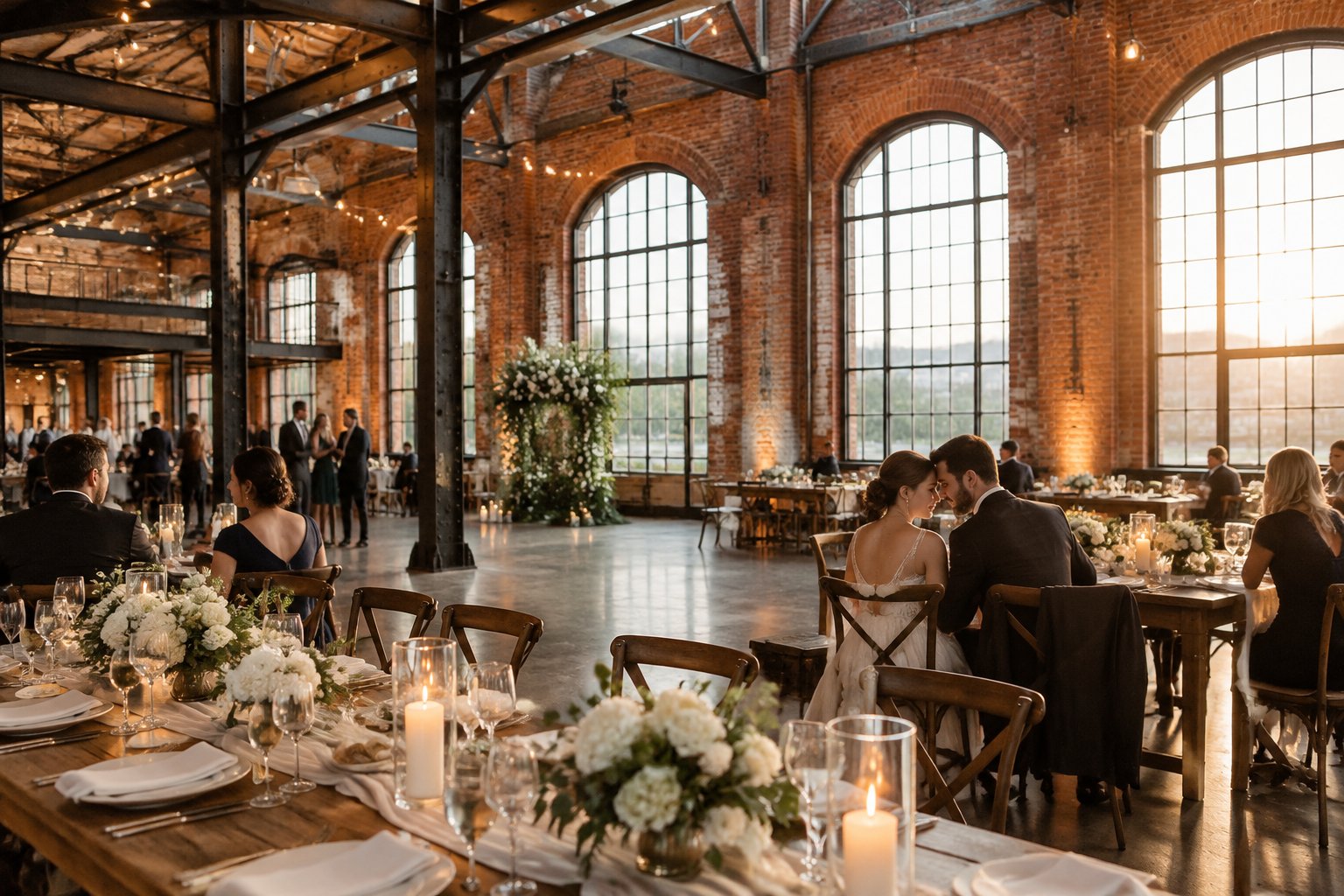 A couple and guests at a wedding reception in a brick industrial venue.