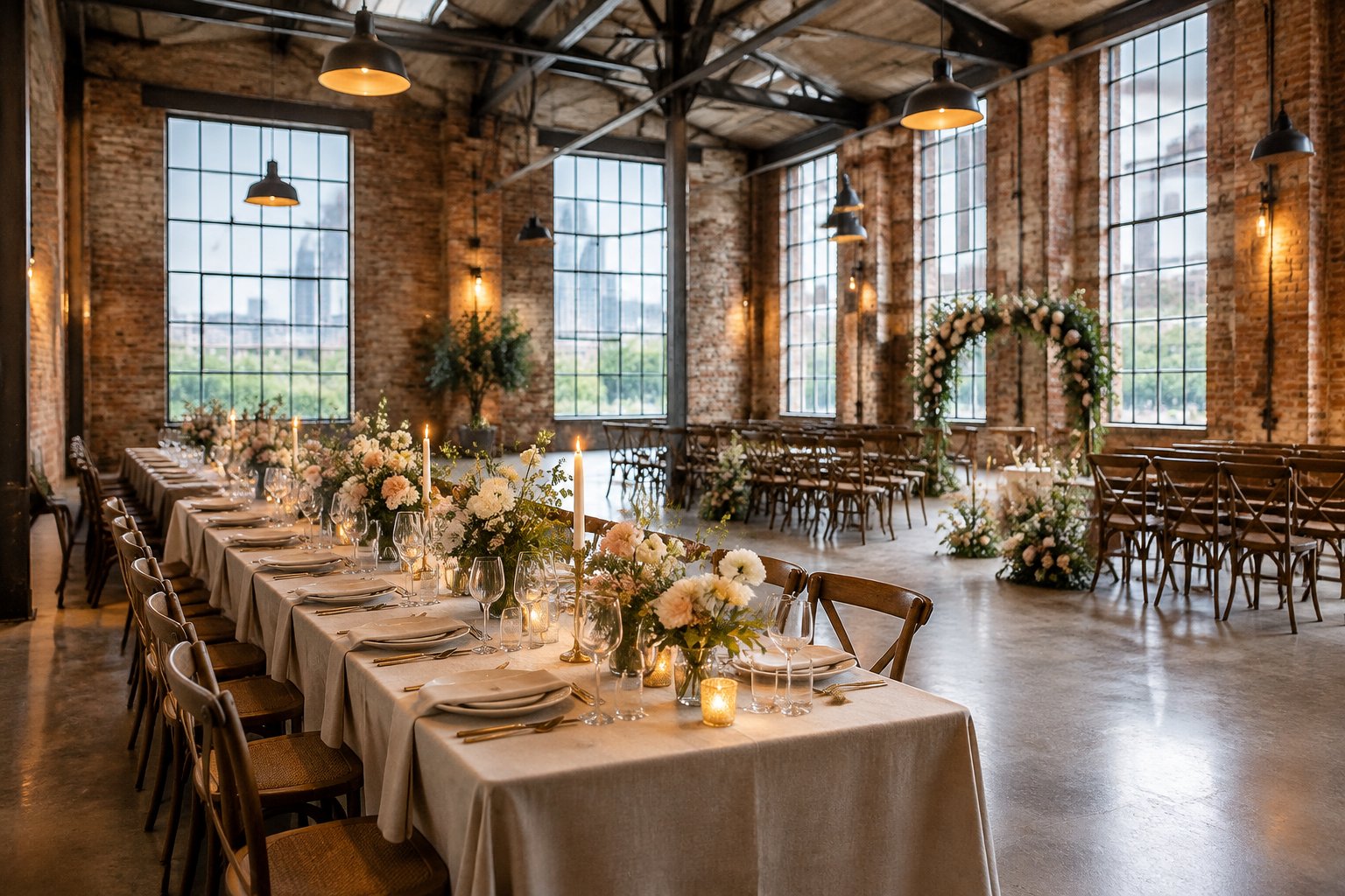 A wedding reception set inside a brick-walled warehouse.